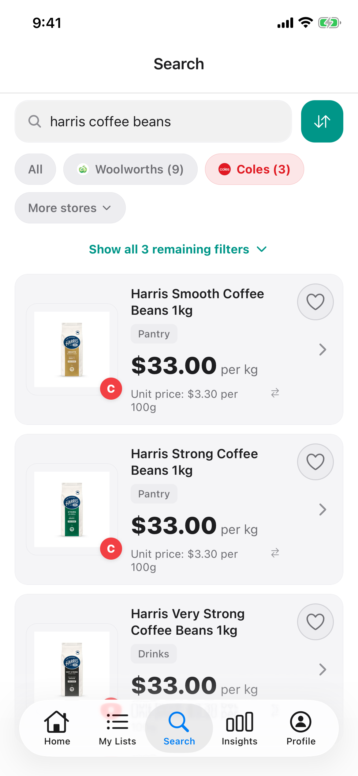 Coles prices on 8 October 2026 in a Discount Trolley search: Harris Smooth and Harris Strong Coffee Beans 1kg, both $33.00, or $3.30 per 100g.