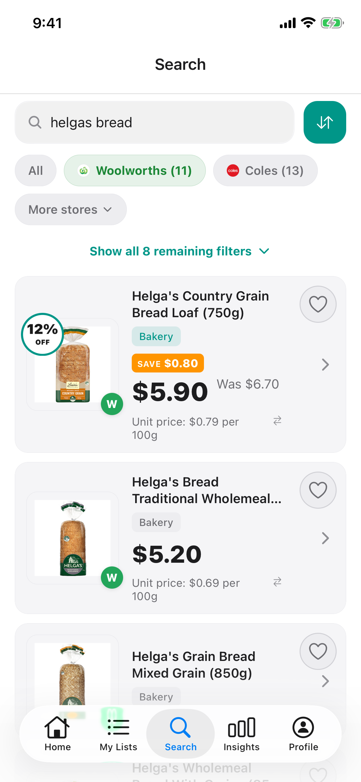 Discount Trolley Woolworths search for Helga's bread on 10 October 2026, with shelf price and unit price per 100g on each loaf.