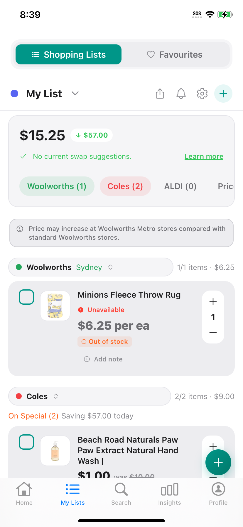 One My List in Discount Trolley with Woolworths and Coles lines together, ready to tick in the aisle when wifi dies.