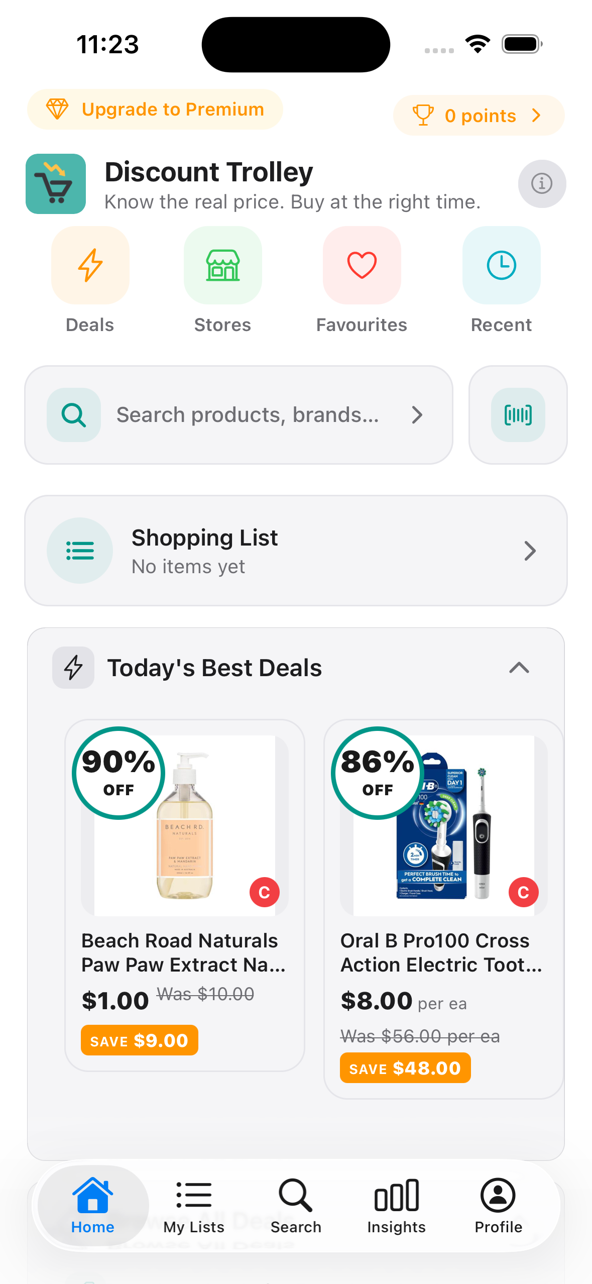 Today's Best Deals in Discount Trolley with two Coles specials, was-prices and savings badges.